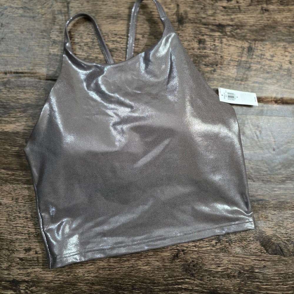 OLD NAVY PowerSoft Sports Bra Womens M Silver NWT Metallic High Neck Longline - Picture 6 of 7